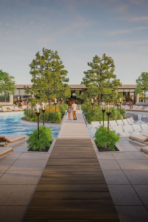 Rendering of Sanctuary pool area with lounge chairs and lush landscaping.