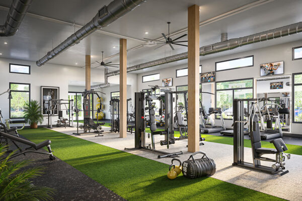 Rendering of fitness center with cardio machines and weight equipment.